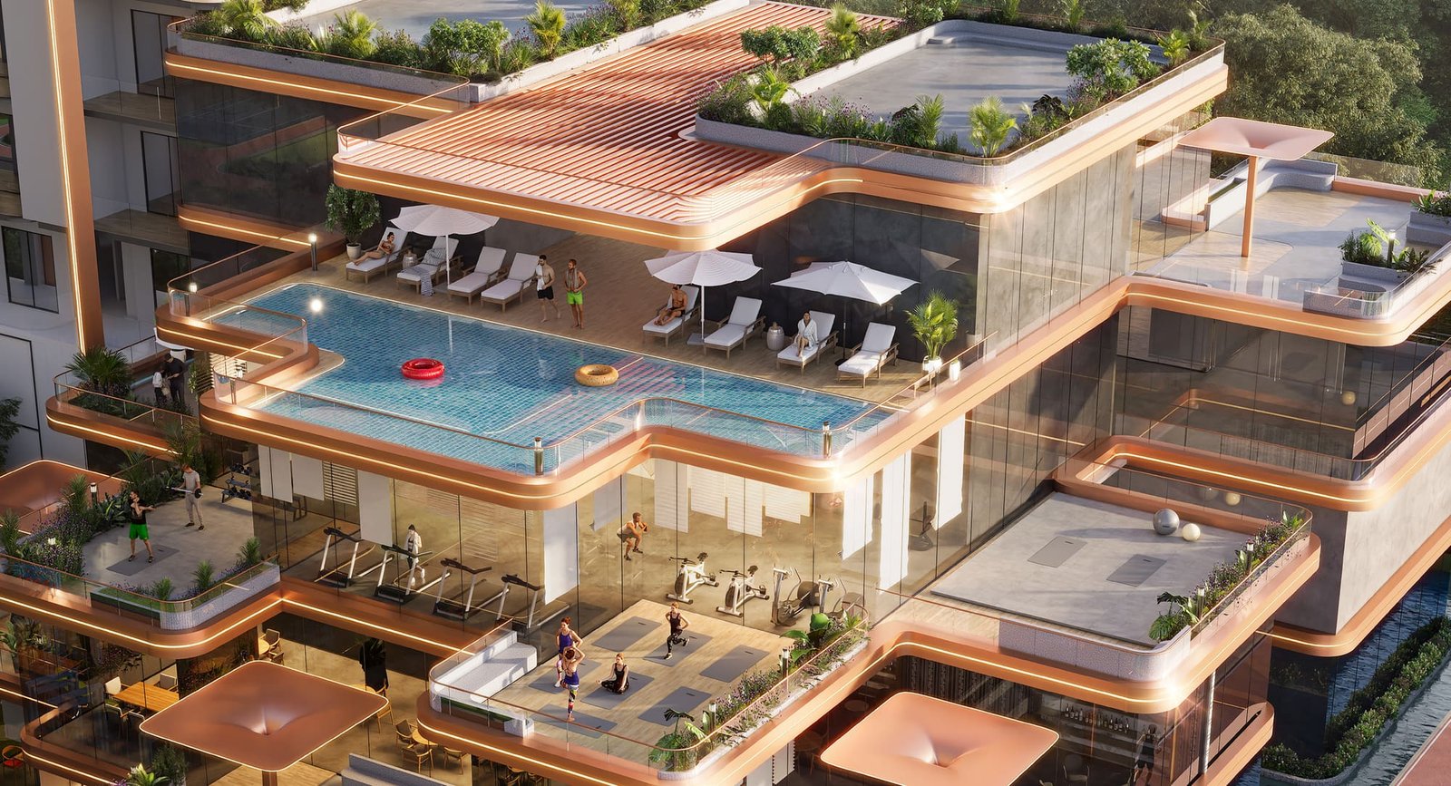 Aerial view of the clubhouse decks, swimming pool and gymnasium at Ashtech Presidential Towers