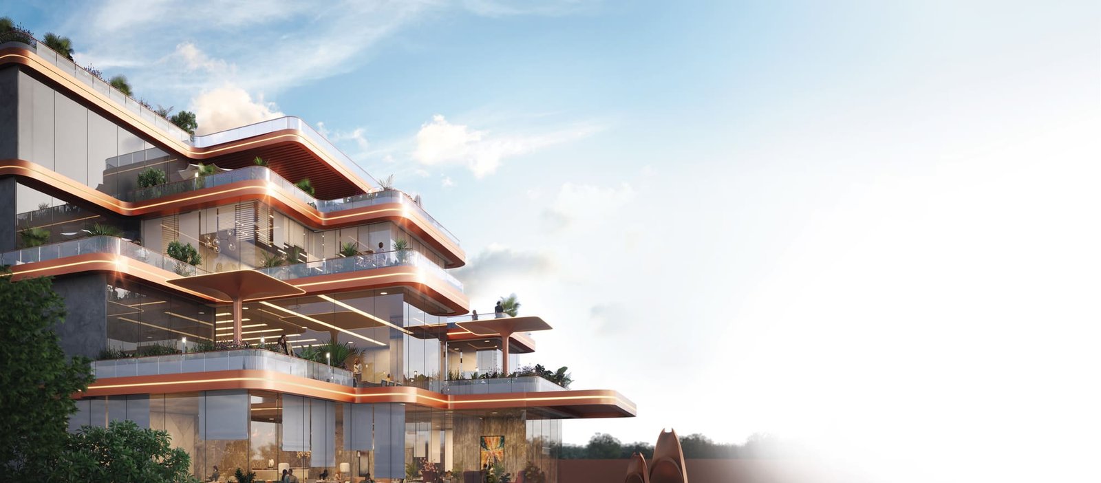 The three-level clubhouse at Ashtech Presidential Towers with stepped terraces and copper detailing