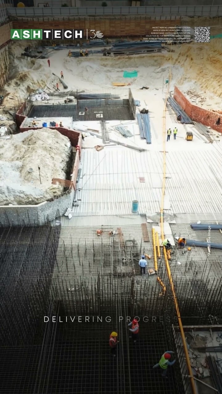 Rebar grid being laid for the raft foundation at Ashtech Presidential Towers, a still from the construction film