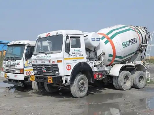 Ashtech Group transit mixers lined up at a concrete plant