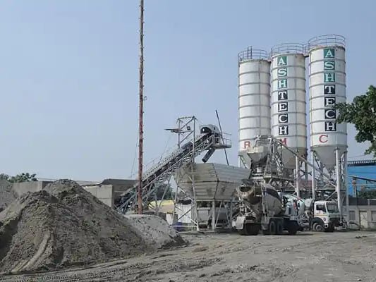 Ashtech-branded batching silos at a ready-mix concrete plant