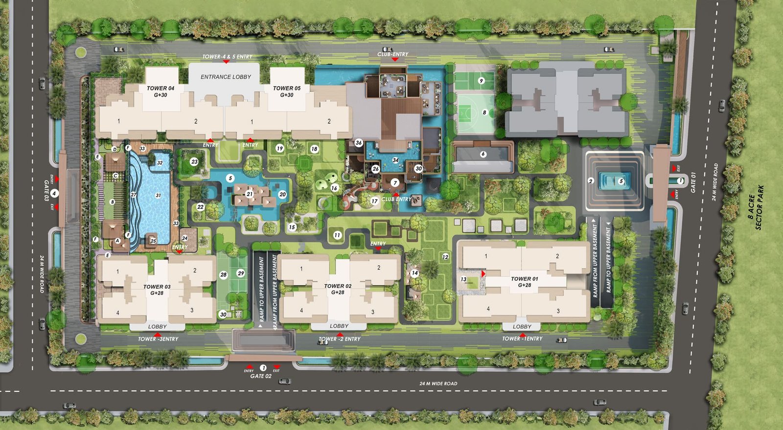 Master plan of Ashtech Presidential Towers showing five towers, the clubhouse and landscaped grounds across 5.6 acres
