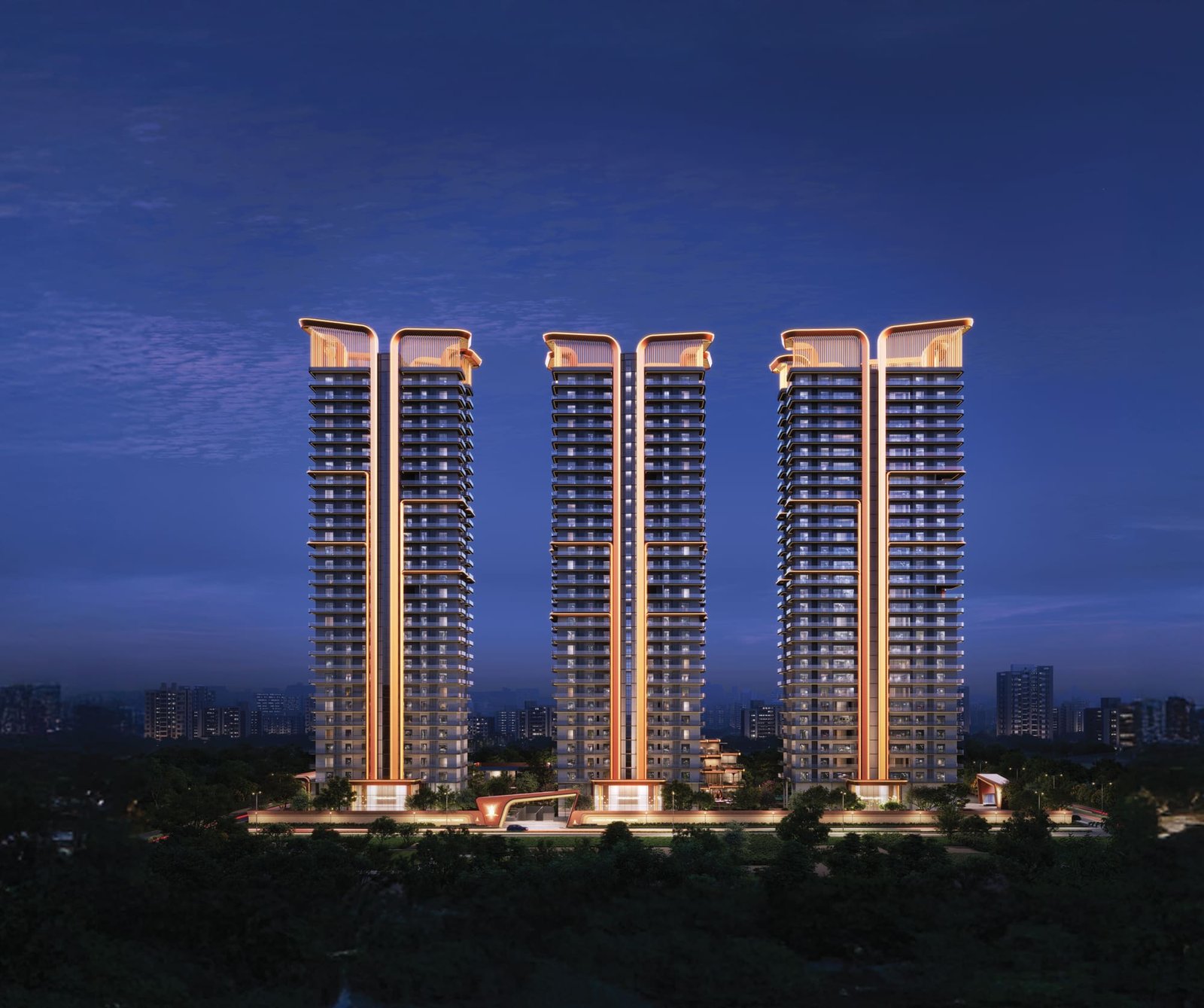 Night elevation of the five towers at Ashtech Presidential Towers, Greater Noida West