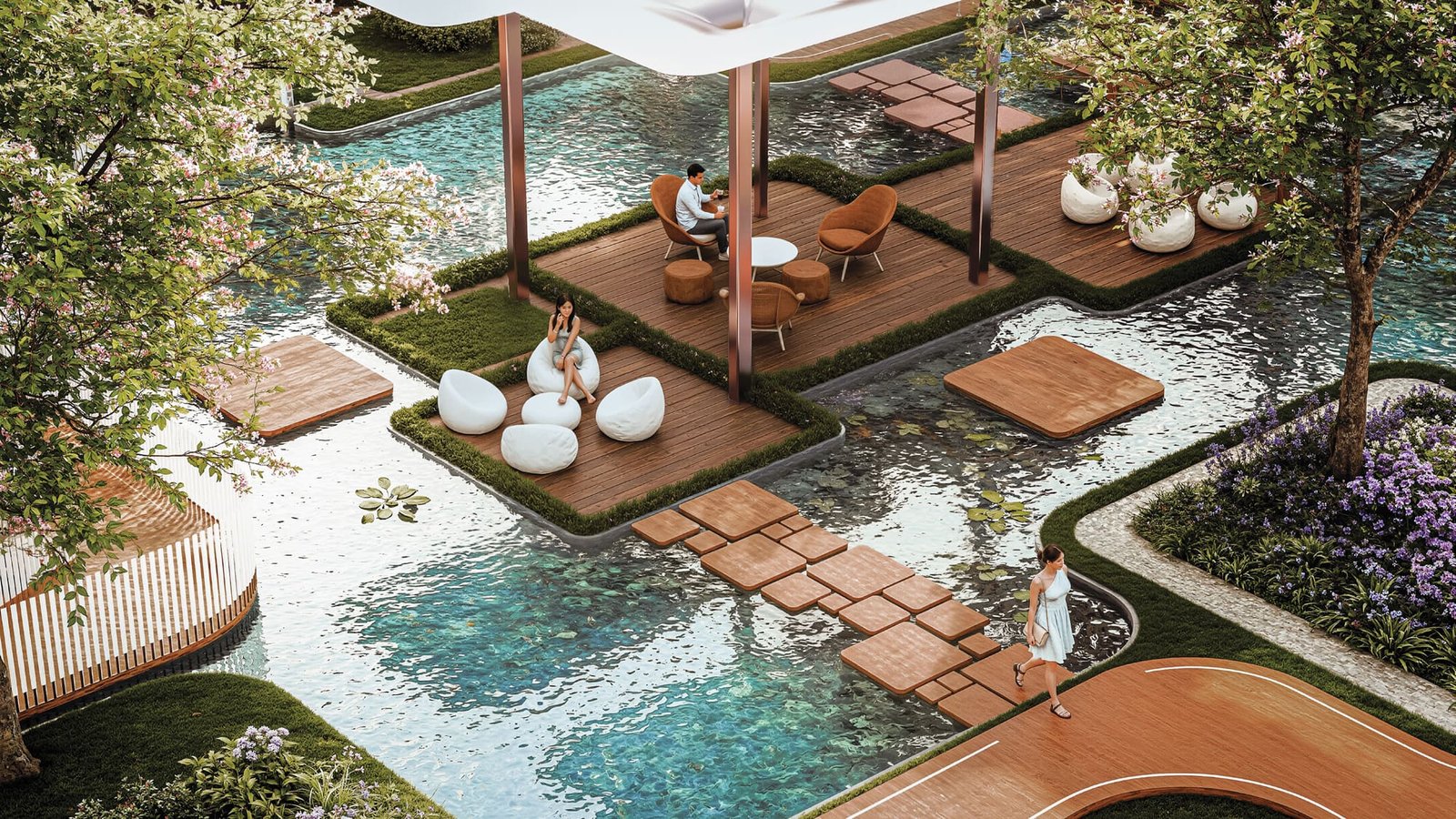 Water lagoon, oasis pavilion and landscaped decks at Ashtech Presidential Towers